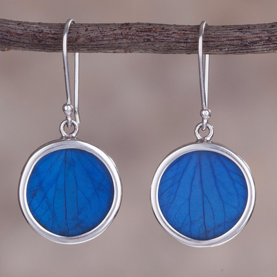 Hydrangea leaf dangle earrings, 'Blue Eden' - Sterling Silver and Natural Leaf Earrings in Blue from Peru