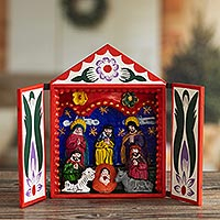 Wood retablo, 'Holy Family with the Magi' - Handmade Ayacucho Ceramic Folk Art Christmas Retablo Diorama