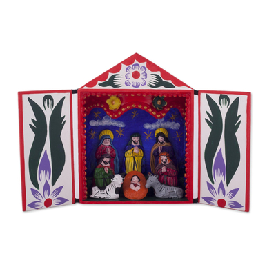 Wood retablo, 'Holy Family with the Magi' - Handmade Ayacucho Ceramic Folk Art Christmas Retablo Diorama