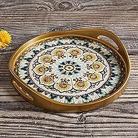 Reverse-painted glass tray, 'Blue Andean Mandala' - Andean Sunflower Theme Reverse-Painted Glass Tray