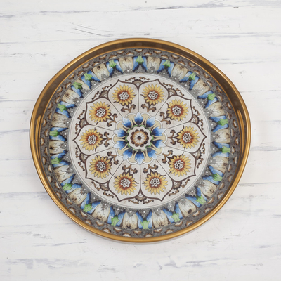 Reverse-painted glass tray, 'Blue Andean Mandala' - Andean Sunflower Theme Reverse-Painted Glass Tray