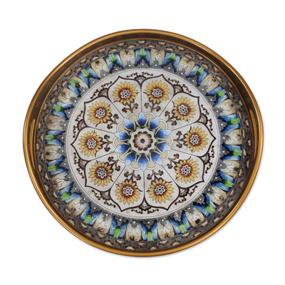 Reverse-painted glass tray, 'Blue Andean Mandala' - Andean Sunflower Theme Reverse-Painted Glass Tray