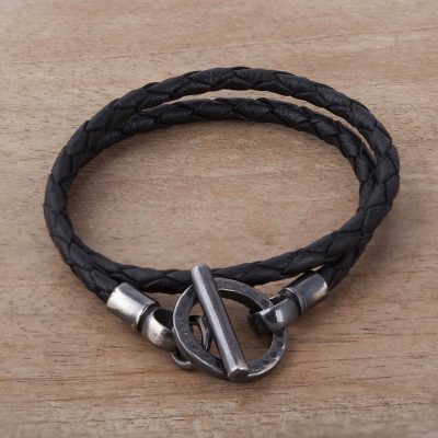 Braided Black Leather And Sterling Silver Wrap Bracelet Jet Braided Black Leather And Sterling Silver Wrap Bracelet Jet