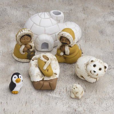 Ceramic nativity scene, Inuit Family (8 pieces)