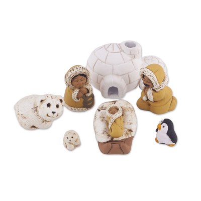Ceramic nativity scene, 'Inuit Family' (8 pieces) - Inuit-Themed Ceramic Nativity Scene from Peru (8 Pcs)