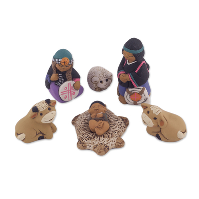 Mapuche-Themed Ceramic Nativity Scene from Peru (7 Pcs)