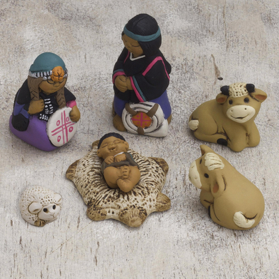 Keramikkrippe, (7 Teile) - Mapuche-Keramikkrippe aus Peru (7 Stück)