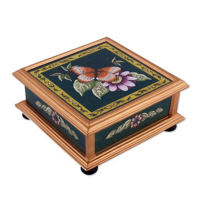 Reverse-painted glass decorative box, 'Butterfly World in Green' - Butterfly Reverse-Painted Glass Decorative Box in Green