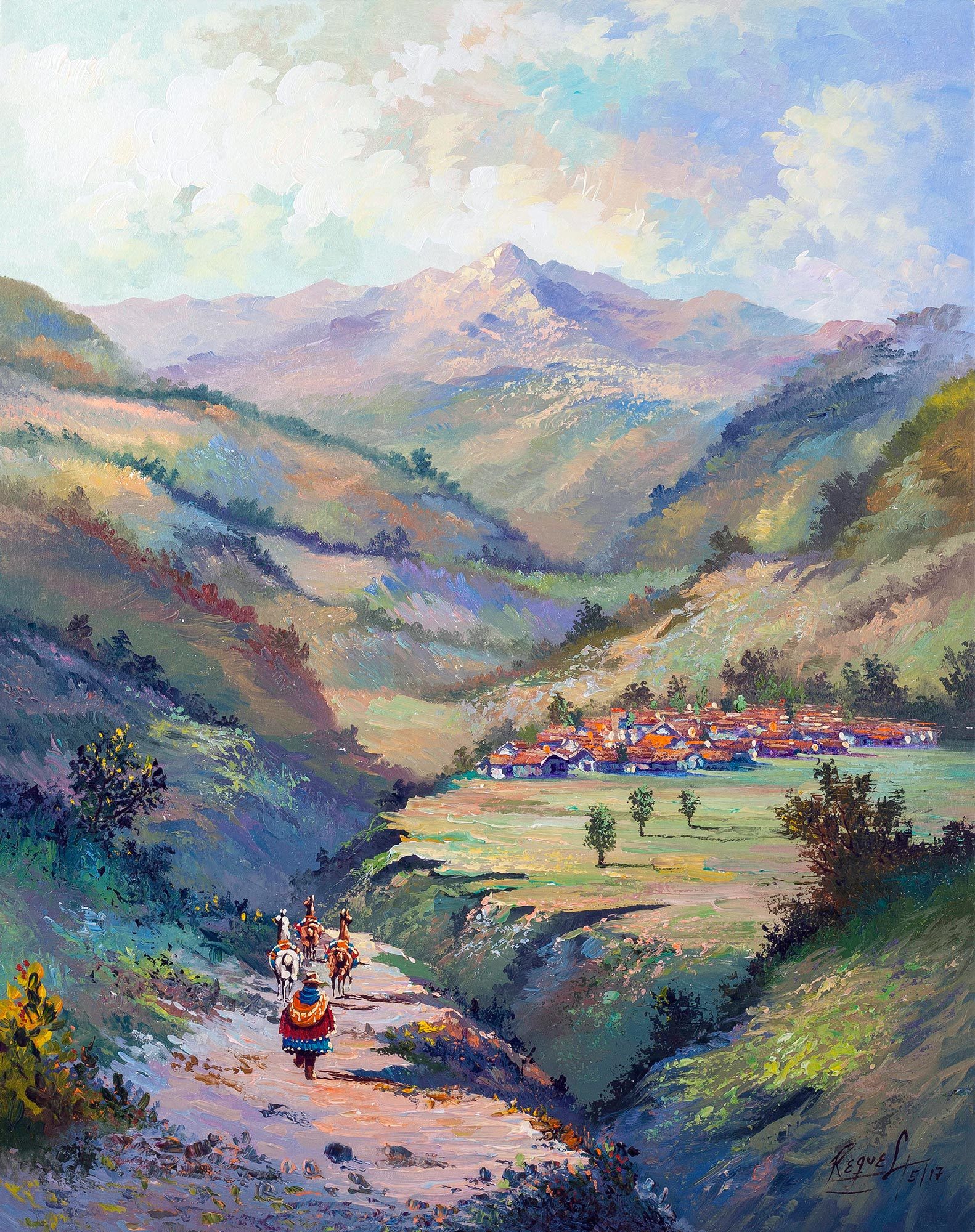 Peruvian Landscape Painting with Llamas in Oil on Canvas Discovering