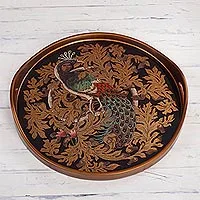 Reverse-painted glass tray, 'Mystic Peacock in Gold' - Reverse-Painted Glass Peacock Tray from Peru