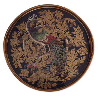 Reverse-Painted Glass Peacock Tray from Peru