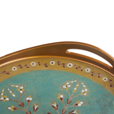 Reverse painted glass tray, 'Sweet Branch' - Reverse Painted Glass Floral Tray in Turquoise