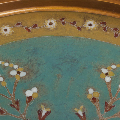 Reverse painted glass tray, 'Sweet Branch' - Reverse Painted Glass Floral Tray in Turquoise