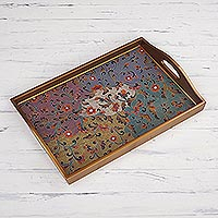 Reverse painted glass decorative tray, 'Psychedelic Flowers' - Colorful Reverse Painted Glass Decorative Tray from Peru