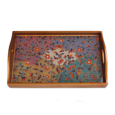 Dekoratives Tablett aus rückseitig bemaltem Glas - Buntes dekoratives Tablett aus rückseitig bemaltem Glas aus Peru