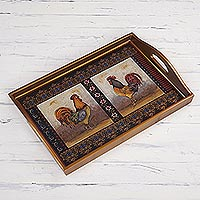 Featured review for Reverse painted glass tray, Crowing Roosters