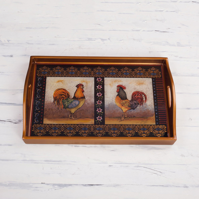 Reverse painted glass tray, 'Crowing Roosters' - Rooster-Themed Reverse Painted Glass Tray