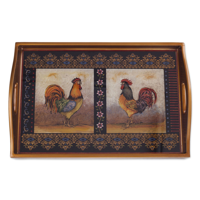 Reverse painted glass tray, 'Crowing Roosters' - Rooster-Themed Reverse Painted Glass Tray