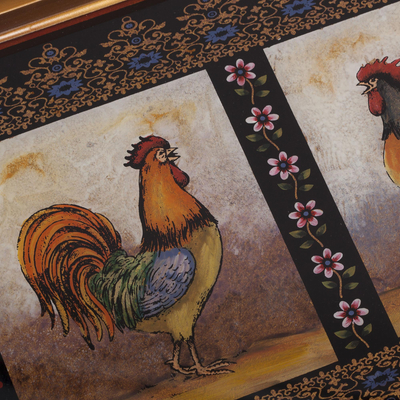 Bandeja de cristal pintado al revés - Bandeja de vidrio pintado al revés con motivos de gallo