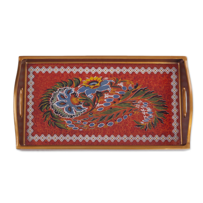 Reverse-painted glass tray, 'Garden Arrangement' - Red Floral Reverse-Painted Glass Tray from Peru