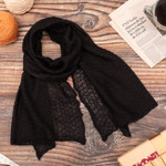 100% baby alpaca scarf, 'Wavy Texture in Black' - Textured 100% Baby Alpaca Wrap Scarf in Black from Peru
