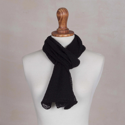 100% baby alpaca scarf, 'Wavy Texture in Black' - Textured 100% Baby Alpaca Wrap Scarf in Black from Peru
