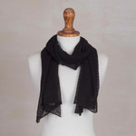 100% baby alpaca scarf, 'Wavy Texture in Black' - Textured 100% Baby Alpaca Wrap Scarf in Black from Peru