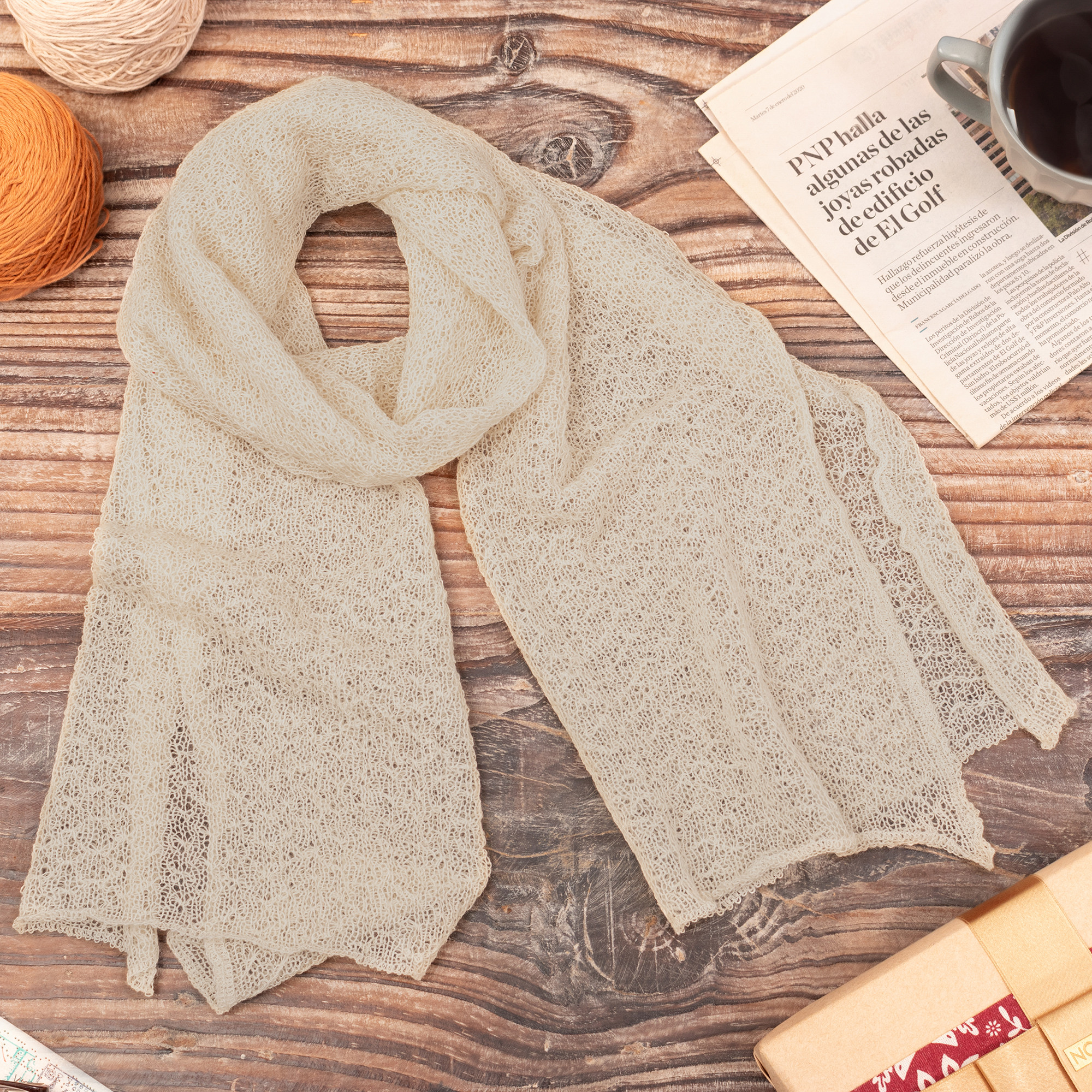 Textured 100% Baby Alpaca Wrap Scarf in Champagne from Peru