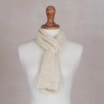 100% baby alpaca scarf, ' Champagne Gossamer' - Textured 100% Baby Alpaca Wrap Scarf in Champagne from Peru