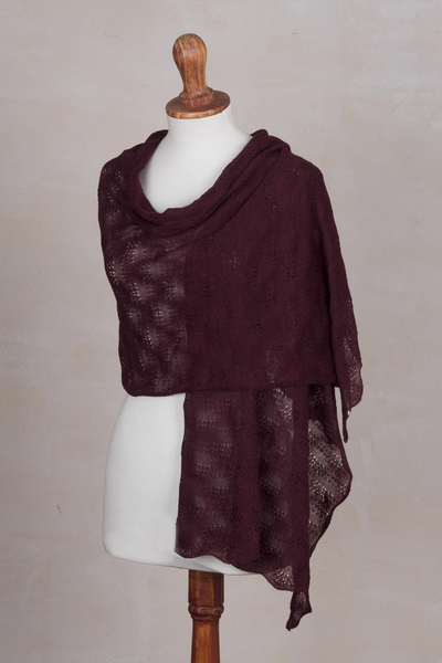 100% baby alpaca shawl, 'Afternoon Chic in Maroon' - Textured 100% Baby Alpaca Shawl in Maroon from Peru
