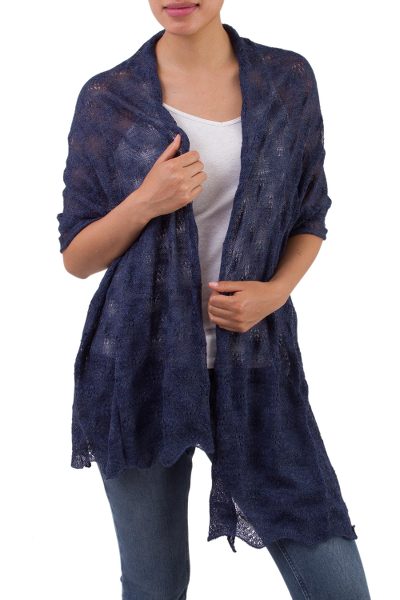 100% baby alpaca shawl, 'Afternoon Chic in Indigo' - Textured 100% Baby Alpaca Shawl in Indigo from Peru