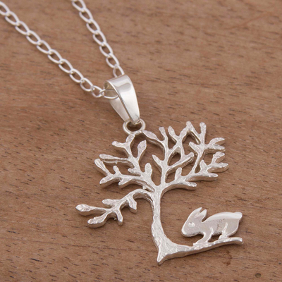 Sterling silver pendant necklace, 'Rabbit Under a Tree' - Rabbit and Tree Sterling Silver Pendant Necklace from Peru