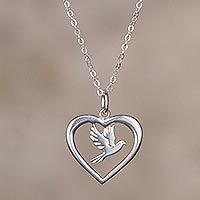 Sterling silver pendant necklace, 'Bird of Love' - Sterling Silver Dove and Heart Pendant Necklace from Peru