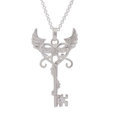 Sterling silver pendant necklace, 'Cupid's Key' - Sterling Silver Heart Key Pendant Necklace from Peru