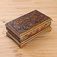 Leather decorative box, 'Colonial Reality' - Hand-Tooled Bird-Themed Leather Decorative Box from Peru