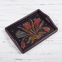 Leather tray, 'Flowering Tulips' - Hand-Tooled Floral Leather Tray from Peru
