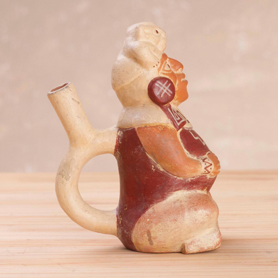 Estatuilla de cerámica - Vasija guerrera sentada mochica peruana de cerámica