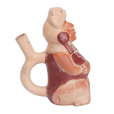 Estatuilla de cerámica - Vasija guerrera sentada mochica peruana de cerámica