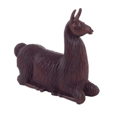 Mahogany wood sculpture, 'Resting Llama' - Hand-Carved Mahogany Wood Llama Sculpture from Peru