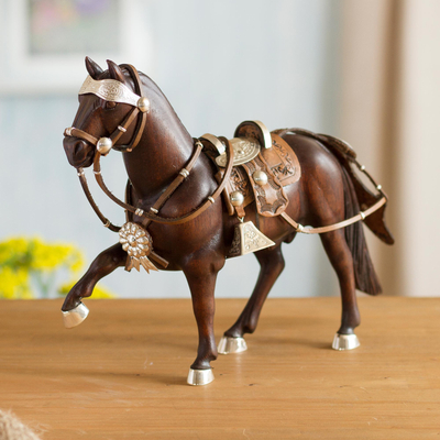 Sterling silver accent mahogany wood sculpture, Paso Horse