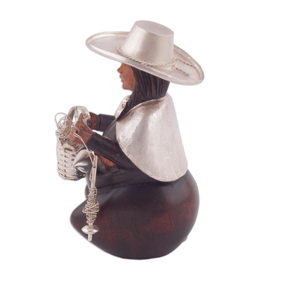 Sterling silver and mahogany wood sculpture, 'Woman Spinner of the Andes' - Sterling Silver and Mahogany Sculpture of a Woman from Peru