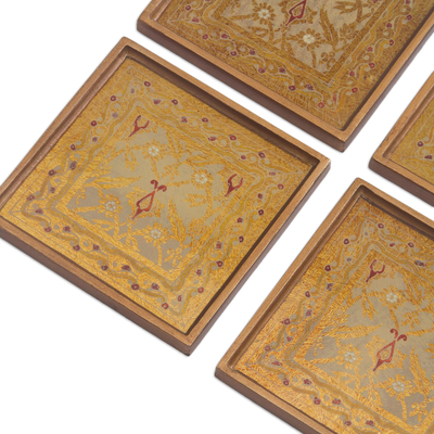 Reverse painted glass coasters, 'Colonial Gold' (set of 4) - Four Floral Gold-Tone Reverse Painted Glass Coasters