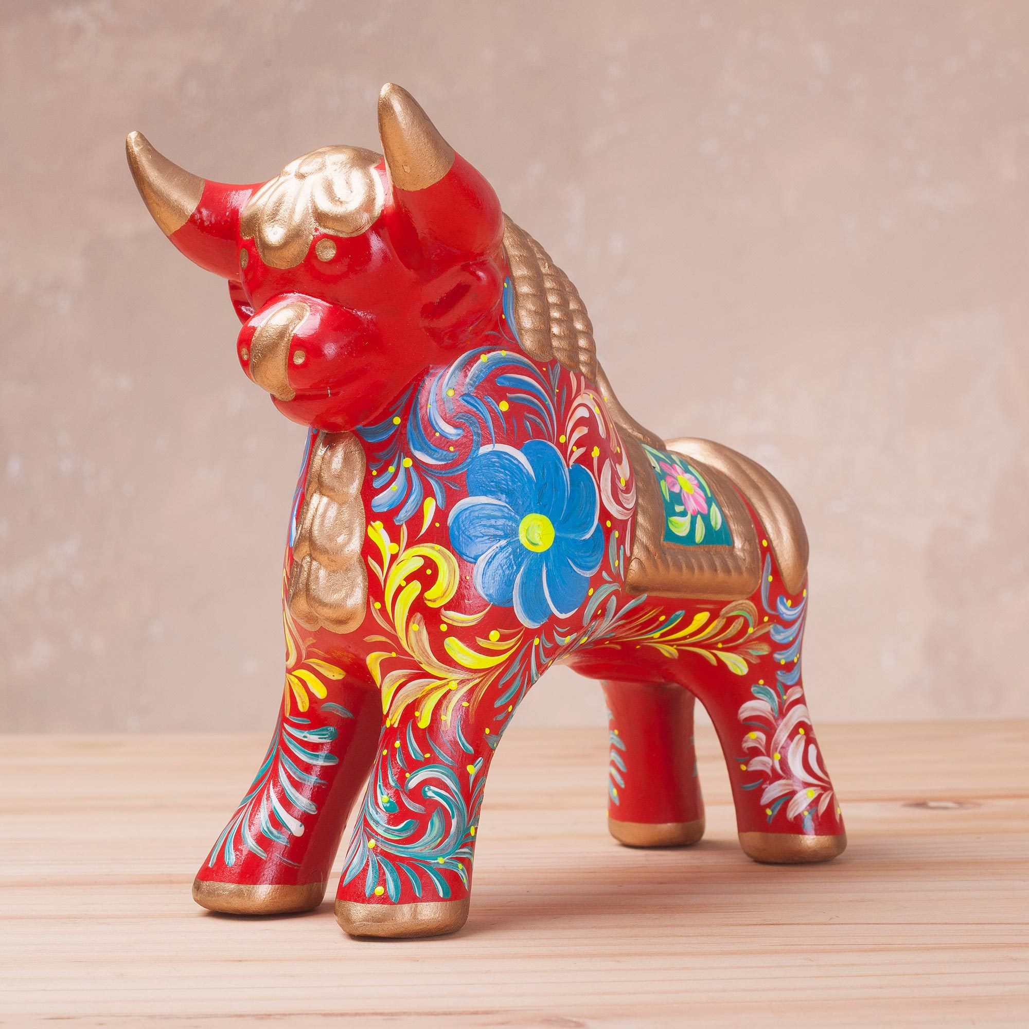 HandPainted Red Ceramic Bull Sculpture (6 Inch) from Peru Proud