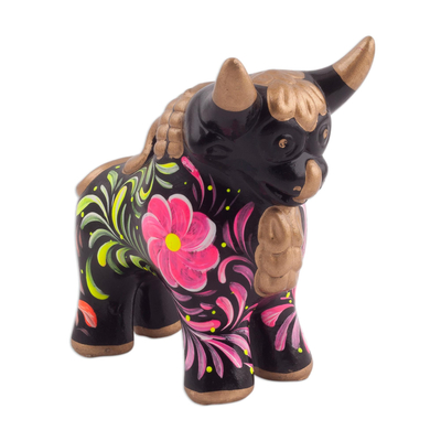 Black Ceramic Bull Sculpture with Floral Designs from Peru