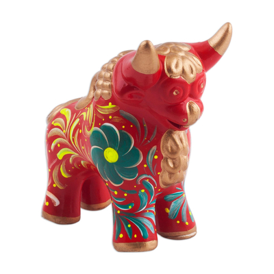 Red Ceramic Bull Sculpture with Floral Designs from Peru