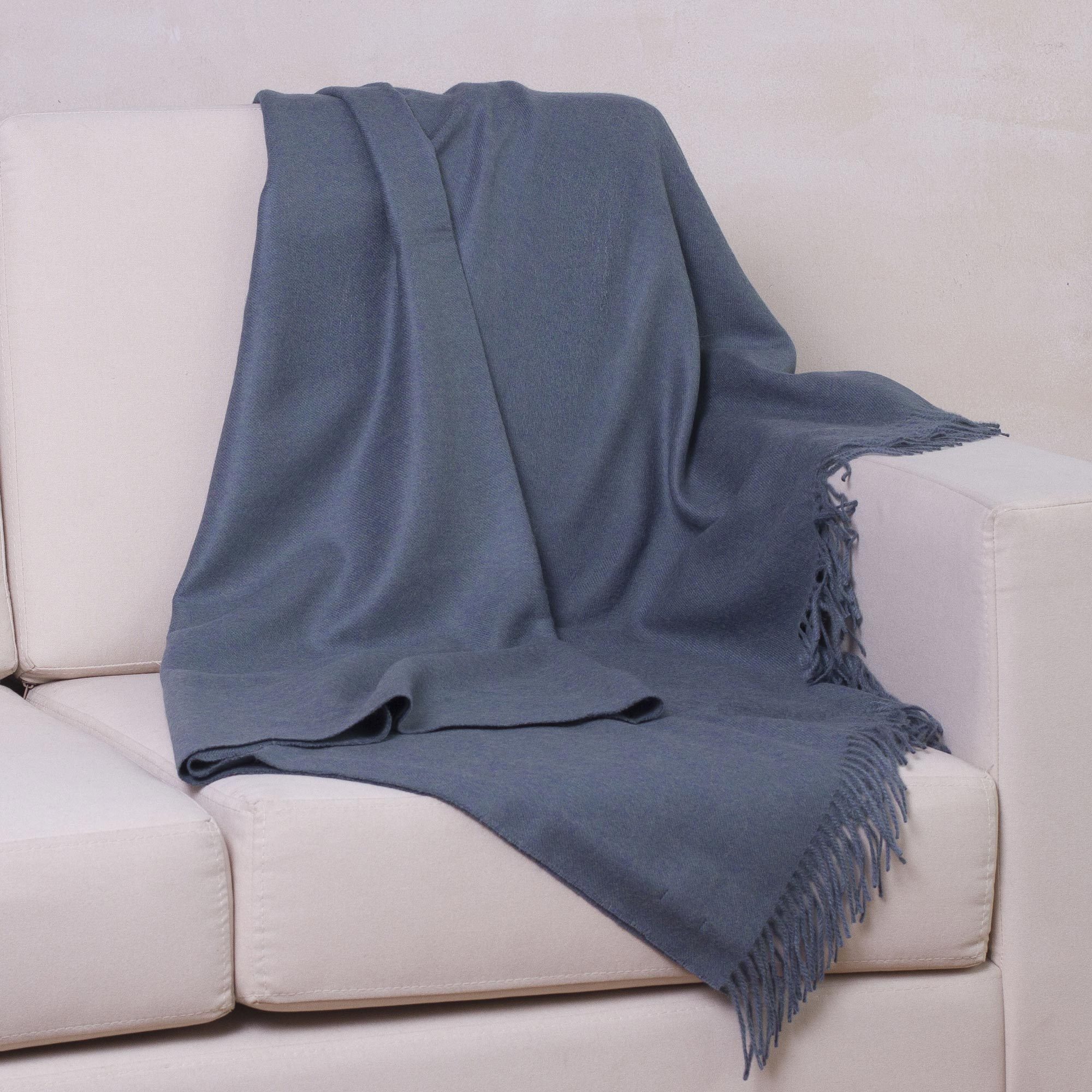 100 Baby Alpaca Throw Blanket In Steel Blue From Peru Blissful