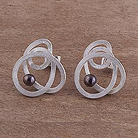 Cultured pearl button earrings, 'Dark Amazon Nest' - Modern Silver Earrings with Dark Grey Cultured Pearls