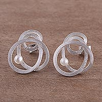Cultured pearl button earrings, 'Amazon Nest' - Modern Handcrafted White Cultured Pearl and Silver Earrings