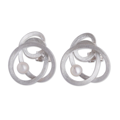 Cultured pearl button earrings, 'Amazon Nest' - Modern Handcrafted White Cultured Pearl and Silver Earrings