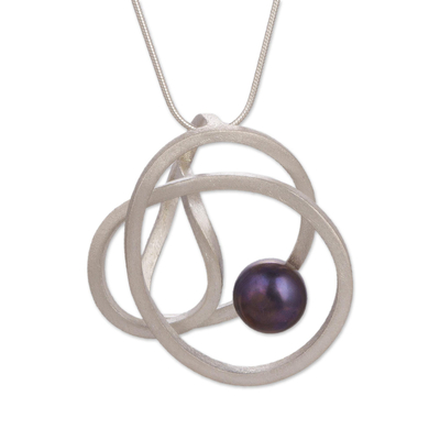 Cultured pearl pendant necklace, 'Dark Amazon Nest' - Modern Silver Necklace with a Dark Grey Cultured Pearl